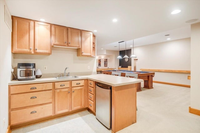 2 Timber Ridge Ln, Mansfield, IL 61854 - kitchen featuring a peninsula, light countertops, light brown cabinets, decorative light fixtures, and recessed lighting