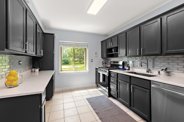 2648 Central Dr Unit Gn, Flossmoor, IL 60422 - kitchen featuring stainless steel appliances, backsplash, light tile patterned floors, light countertops, and ornamental molding