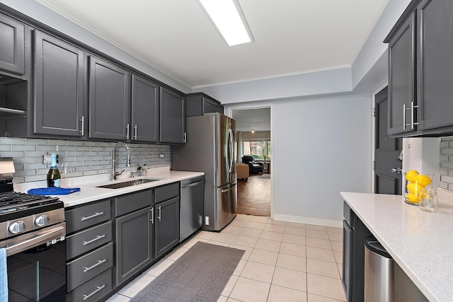 2648 Central Dr Unit Gn, Flossmoor, IL 60422 - kitchen with stainless steel appliances, tasteful backsplash, ornamental molding, light tile patterned floors, and open shelves