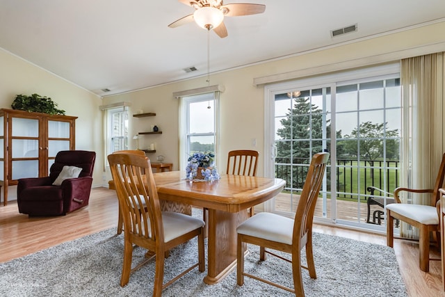 13832 S Balsam Ln Unit B, Plainfield, IL 60544 - dining room with a ceiling fan, light wood finished floors, ornamental molding, and vaulted ceiling