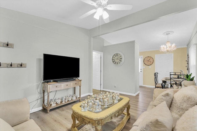 1825 Parkdale Dr, Champaign, IL 61821 - living room with wood finished floors, a ceiling fan, a chandelier, and ornamental molding