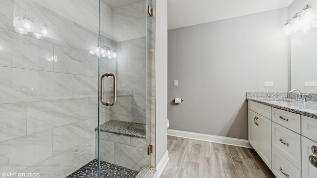 14948 S Preserve Dr, Lockport, IL 60441 - bathroom featuring vanity, a stall shower, and wood finished floors