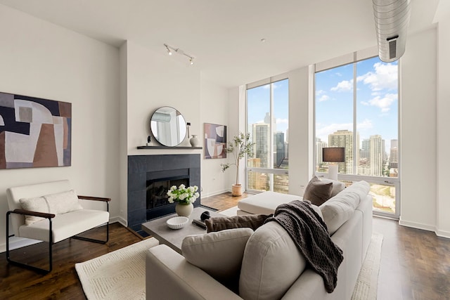 700 N Larrabee St Unit 2010, Chicago, IL 60654 - living room featuring a tile fireplace, a skyline view, and wood finished floors