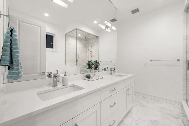 832 W Altgeld St Unit 1, Chicago, IL 60614 - full bath with recessed lighting, double vanity, a marble finish shower, and marble look tiles