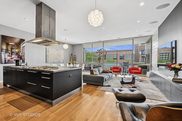1711 W Division St Unit 303, Chicago, IL 60622 - kitchen featuring dark cabinets, modern cabinets, light wood-type flooring, island range hood, and stainless steel gas stovetop