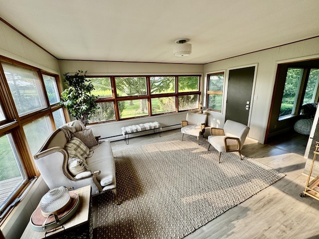 221 Thornbrook Rd, Dekalb, IL 60115 - living room with wood finished floors, a baseboard radiator, and crown molding