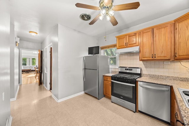 2159 N Nordica Ave, Chicago, IL 60707 - kitchen featuring appliances with stainless steel finishes, under cabinet range hood, ceiling fan, backsplash, and plenty of natural light