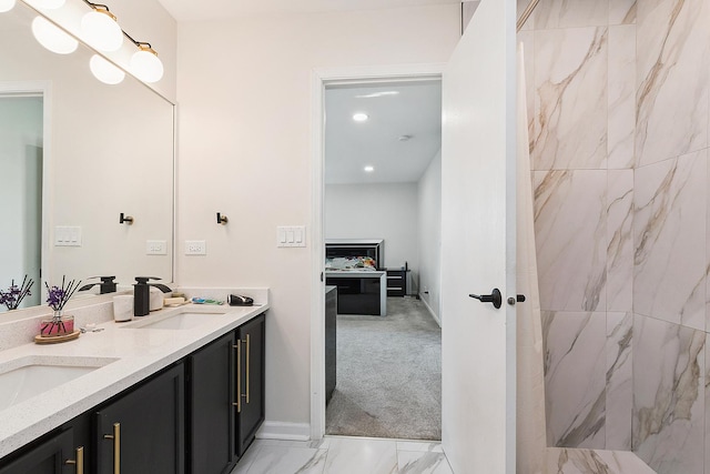 1528 Peachtree Ln, Lockport, IL 60441 - bathroom with marble look tiles, double vanity, and a marble finish shower