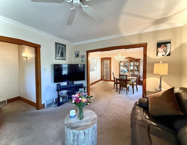 98 Northgate Rd, Riverside, IL 60546 - carpeted living room featuring ceiling fan, a chandelier, and crown molding