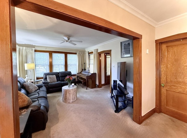 98 Northgate Rd, Riverside, IL 60546 - living room with light colored carpet, ornamental molding, and a ceiling fan