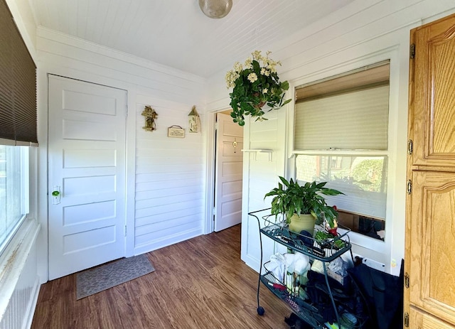 98 Northgate Rd, Riverside, IL 60546 - doorway featuring ornamental molding, wood finished floors, and wood walls
