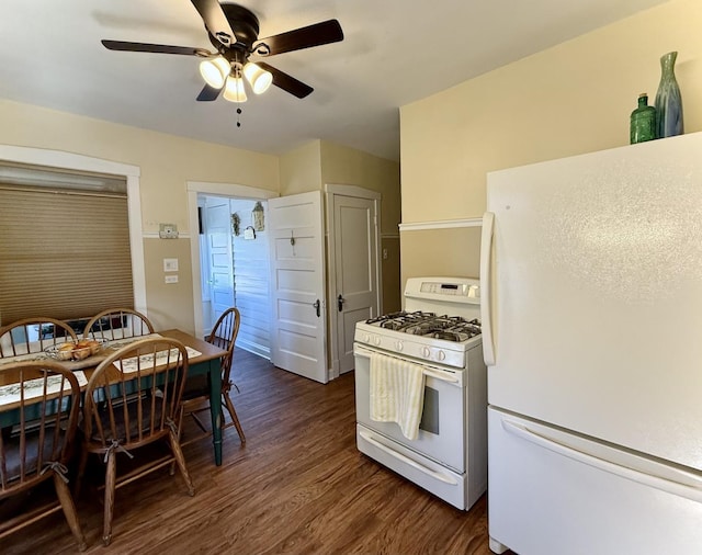 98 Northgate Rd, Riverside, IL 60546 - kitchen with white appliances, dark wood finished floors, and a ceiling fan