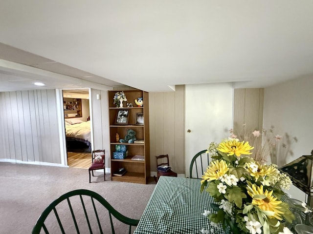 98 Northgate Rd, Riverside, IL 60546 - carpeted dining area featuring wood walls