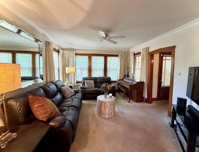 98 Northgate Rd, Riverside, IL 60546 - carpeted living area with a ceiling fan, ornamental molding, and healthy amount of natural light