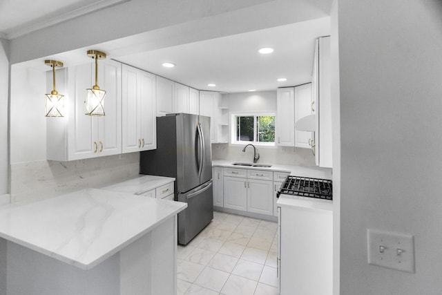 930 S Chatham Ave, Addison, IL 60101 - kitchen featuring a peninsula, under cabinet range hood, open shelves, recessed lighting, and white cabinetry