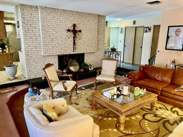 336 Flossmoor Ave, Waukegan, IL 60085 - living area with a brick fireplace, a textured ceiling, and brick wall