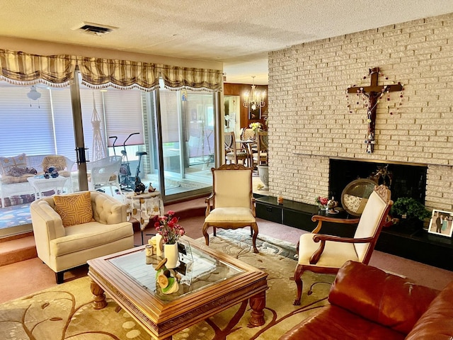 336 Flossmoor Ave, Waukegan, IL 60085 - living room featuring a textured ceiling, plenty of natural light, carpet floors, a chandelier, and a fireplace