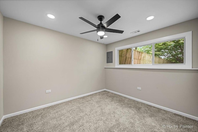 6710 Valley View Rd, Hanover Park, IL 60133 - spare room with carpet floors, a ceiling fan, electric panel, and recessed lighting