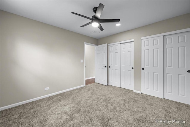 6710 Valley View Rd, Hanover Park, IL 60133 - unfurnished bedroom featuring multiple closets, carpet, recessed lighting, and ceiling fan