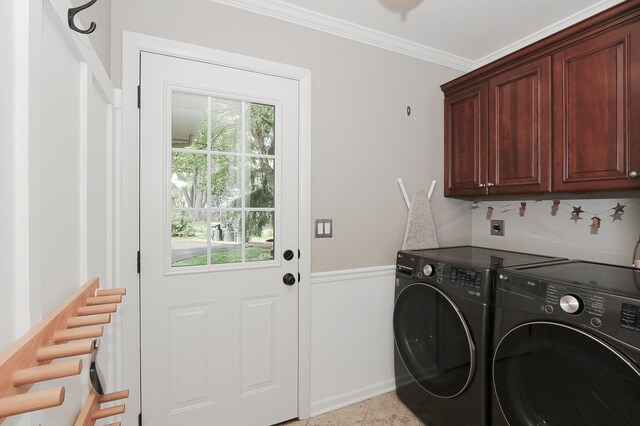 110 Tudor Dr, Barrington, IL 60010 - washroom featuring cabinet space, washing machine and dryer, plenty of natural light, and ornamental molding