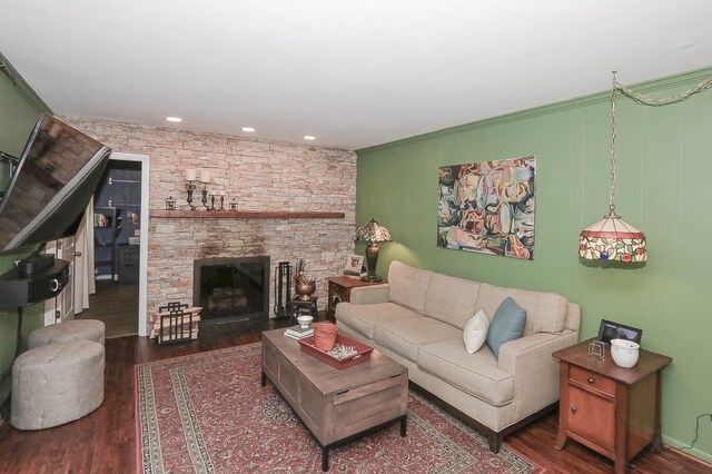 110 Tudor Dr, Barrington, IL 60010 - living area with wood finished floors, a stone fireplace, and recessed lighting