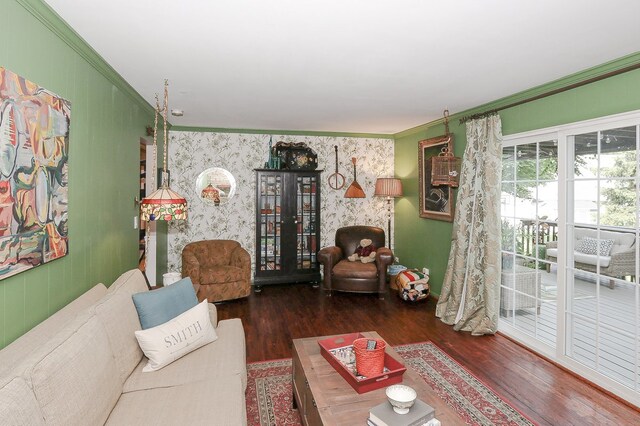 110 Tudor Dr, Barrington, IL 60010 - living room with crown molding, wood finished floors, and wallpapered walls