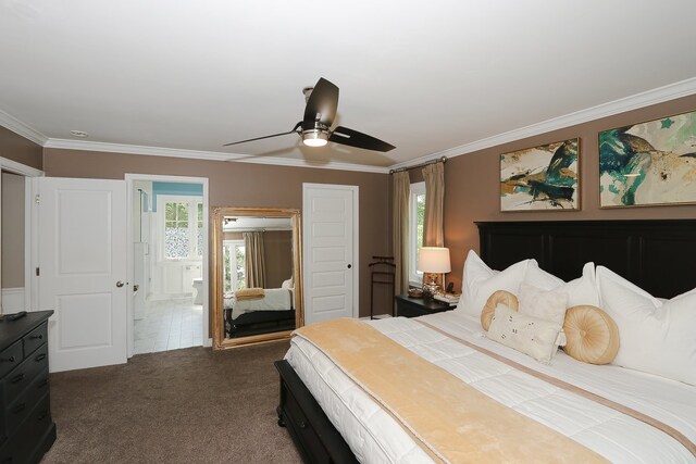 110 Tudor Dr, Barrington, IL 60010 - bedroom featuring dark colored carpet, crown molding, connected bathroom, and ceiling fan