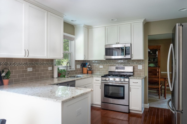 1903 Ronzheimer Ave, Saint Charles, IL 60174 - kitchen with stainless steel appliances, dark wood-style floors, white cabinets, light stone countertops, and a peninsula