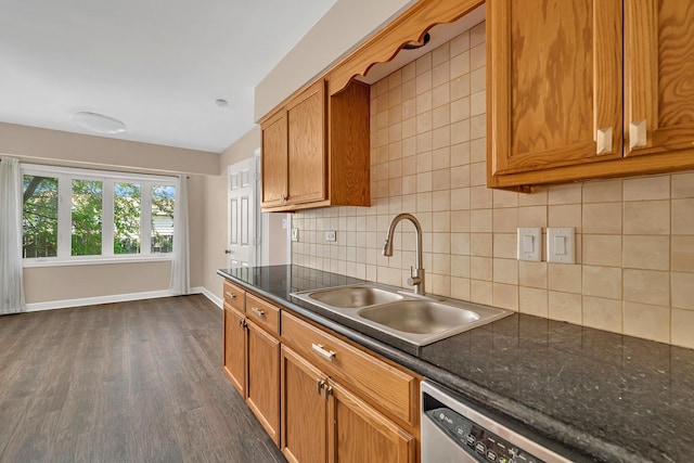 2314 Hasting Dr, Plainfield, IL 60586 - kitchen featuring dark wood-type flooring, dishwashing machine, tasteful backsplash, brown cabinetry, and lofted ceiling
