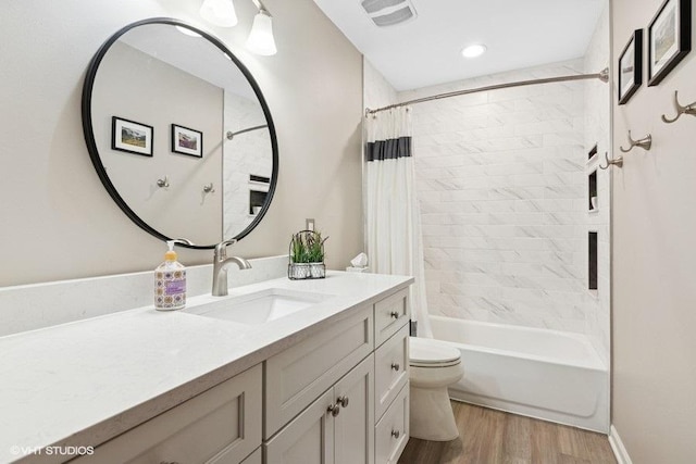 2325 Fairfax Rd, Saint Charles, IL 60174 - bathroom with vanity, shower / bath combination with curtain, wood finished floors, and recessed lighting