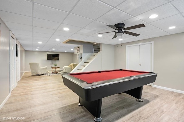 2325 Fairfax Rd, Saint Charles, IL 60174 - game room featuring light wood-style floors, billiards table, a drop ceiling, and a ceiling fan