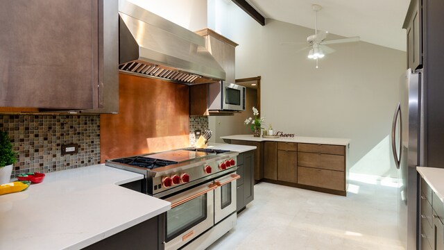 908 Claremont Dr, Downers Grove, IL 60516 - kitchen with wall chimney exhaust hood, stainless steel appliances, light countertops, a ceiling fan, and decorative backsplash
