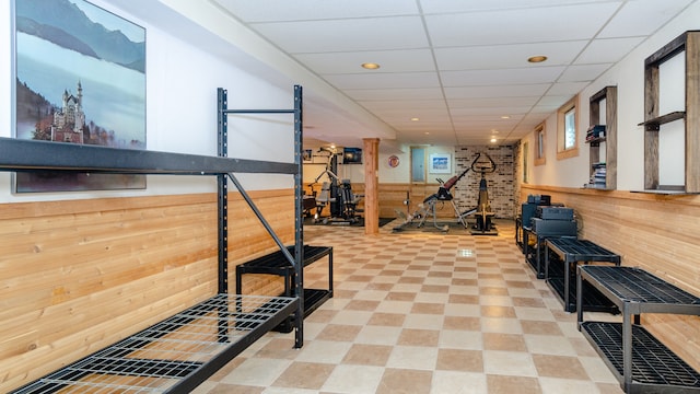 908 Claremont Dr, Downers Grove, IL 60516 - workout room featuring wood walls, a paneled ceiling, recessed lighting, and wainscoting
