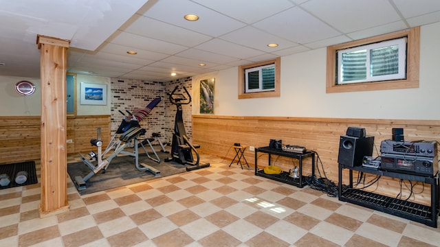 908 Claremont Dr, Downers Grove, IL 60516 - exercise area with wood walls, tile patterned floors, a paneled ceiling, and recessed lighting