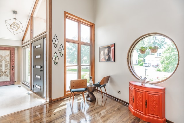 908 Claremont Dr, Downers Grove, IL 60516 - entryway featuring high vaulted ceiling, light wood-style flooring, plenty of natural light, and beam ceiling