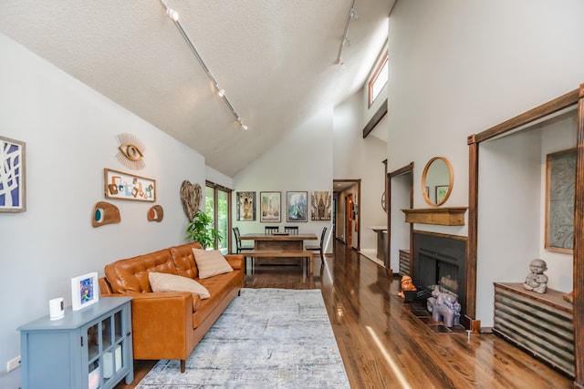 908 Claremont Dr, Downers Grove, IL 60516 - living room featuring rail lighting, wood finished floors, a textured ceiling, a fireplace with flush hearth, and a towering ceiling