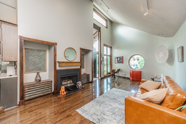 908 Claremont Dr, Downers Grove, IL 60516 - living area with track lighting, healthy amount of natural light, wood finished floors, a towering ceiling, and a fireplace with flush hearth