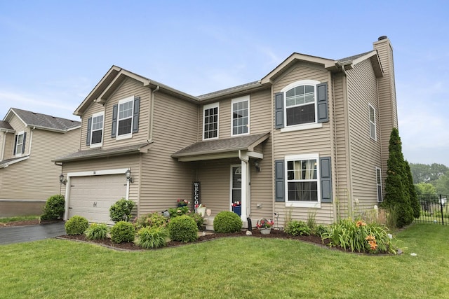 741 Oakwood St, Minooka, IL 60447 - traditional-style house featuring asphalt driveway, a chimney, and an attached garage