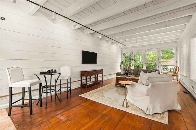 633 Forest Ave, Wilmette, IL 60091 - living room with hardwood / wood-style floors, a wood ceiling with exposed beams, and wooden walls