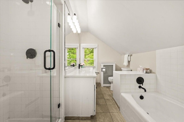 633 Forest Ave, Wilmette, IL 60091 - bathroom with a stall shower, a bath, vanity, lofted ceiling, and tile patterned flooring