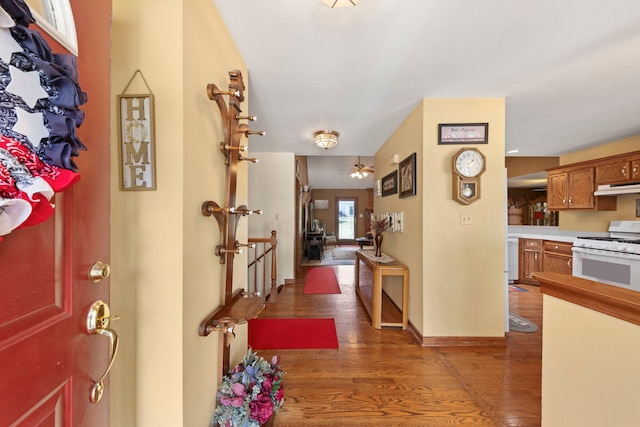 107 Sibley Dr, Minooka, IL 60447 - foyer entrance with wood finished floors and a ceiling fan