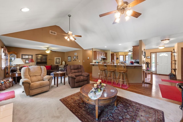 107 Sibley Dr, Minooka, IL 60447 - living room with a ceiling fan, high vaulted ceiling, and recessed lighting