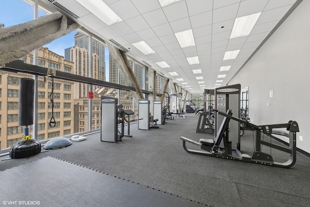 8 E Randolph St Unit 3203, Chicago, IL 60601 - exercise room with a wall of windows, a drop ceiling, and a view of city