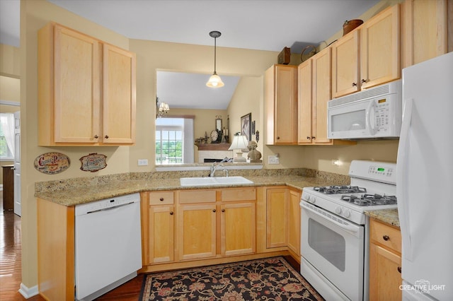 1568 Sedona Ave, Aurora, IL 60504 - kitchen with white appliances, light brown cabinetry, lofted ceiling, dark wood-style flooring, and pendant lighting