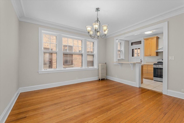 819 Forest Ave Unit 2W, Evanston, IL 60202 - unfurnished dining area featuring a chandelier, light wood-style floors, radiator, and ornamental molding