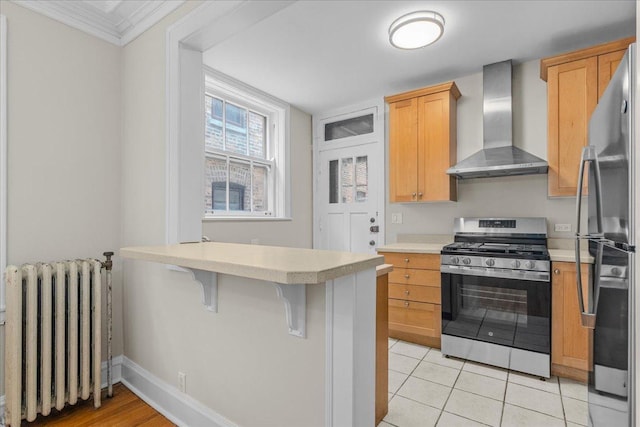 819 Forest Ave Unit 2W, Evanston, IL 60202 - kitchen with appliances with stainless steel finishes, radiator heating unit, wall chimney exhaust hood, light countertops, and a kitchen bar