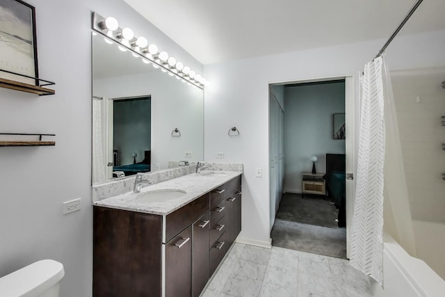 659 W Randolph St Unit 1115, Chicago, IL 60661 - full bathroom with ensuite bathroom, double vanity, marble look tiles, and shower / bathtub combination with curtain