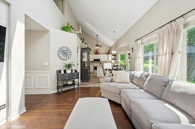 2570 Fairfax Ln, Lake In The Hills, IL 60156 - living area featuring a ceiling fan, wood finished floors, and high vaulted ceiling
