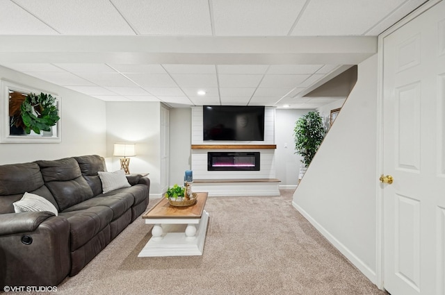 2570 Fairfax Ln, Lake In The Hills, IL 60156 - living area with a drop ceiling, carpet flooring, a large fireplace, and recessed lighting