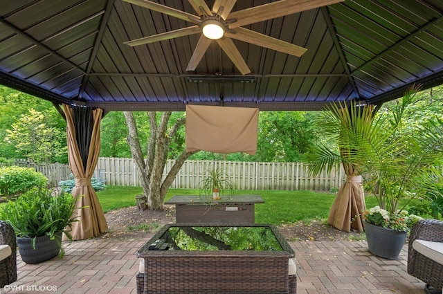 2570 Fairfax Ln, Lake In The Hills, IL 60156 - fenced backyard featuring a gazebo, ceiling fan, and a patio